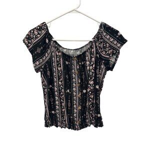 Mudd Short Sleeve Floral Blouse Womens Medium Black Pink Fairygoth Bohemian Chic